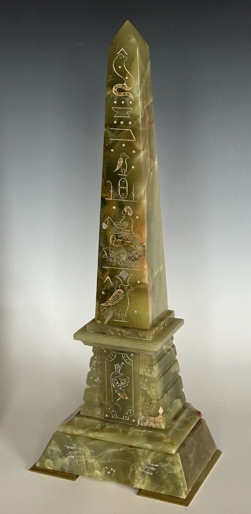 PAIR OF FRENCH GREEN EGYPTIAN ONYX OBELISKS - ADDITIONAL PHOTO 2