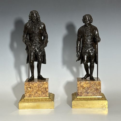 FRENCH RESTAURATION PERIOD LARGE PAIR BRONZE ROUSSEAU VOLTAIRE - ADDITIONAL PHOTO 1