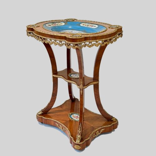 MILLET NAPOLEON III TULIPWOOD ORMOLU MOUNTED SEVRES PORCELAIN INSET GURIDON