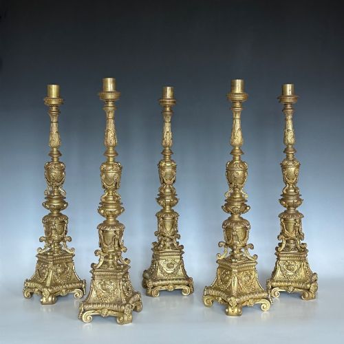 Five 18th Century Venetian Gilt Bronze Candlesticks