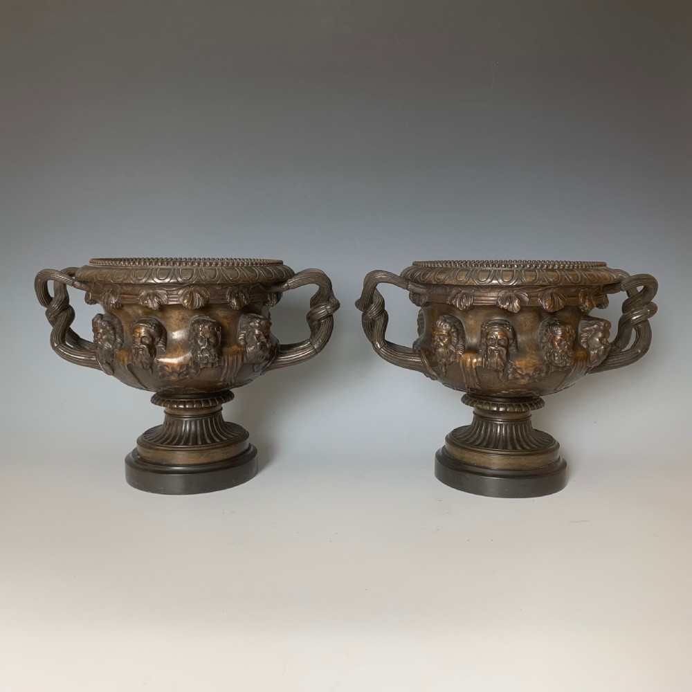 Antique Grand Tour Pair of Large Patinated Bronze Albani Vases View II