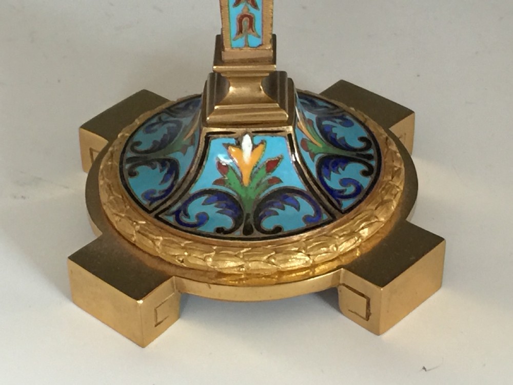 A Pair of French Gilt Bronze & Champlevé Enamel Candlesticks View IV