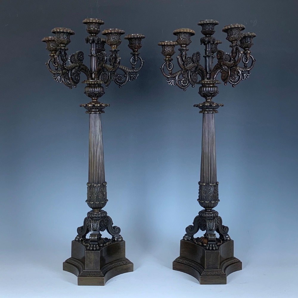 Antique French Charles X Patinated Bronze Six Light Candelabra View II