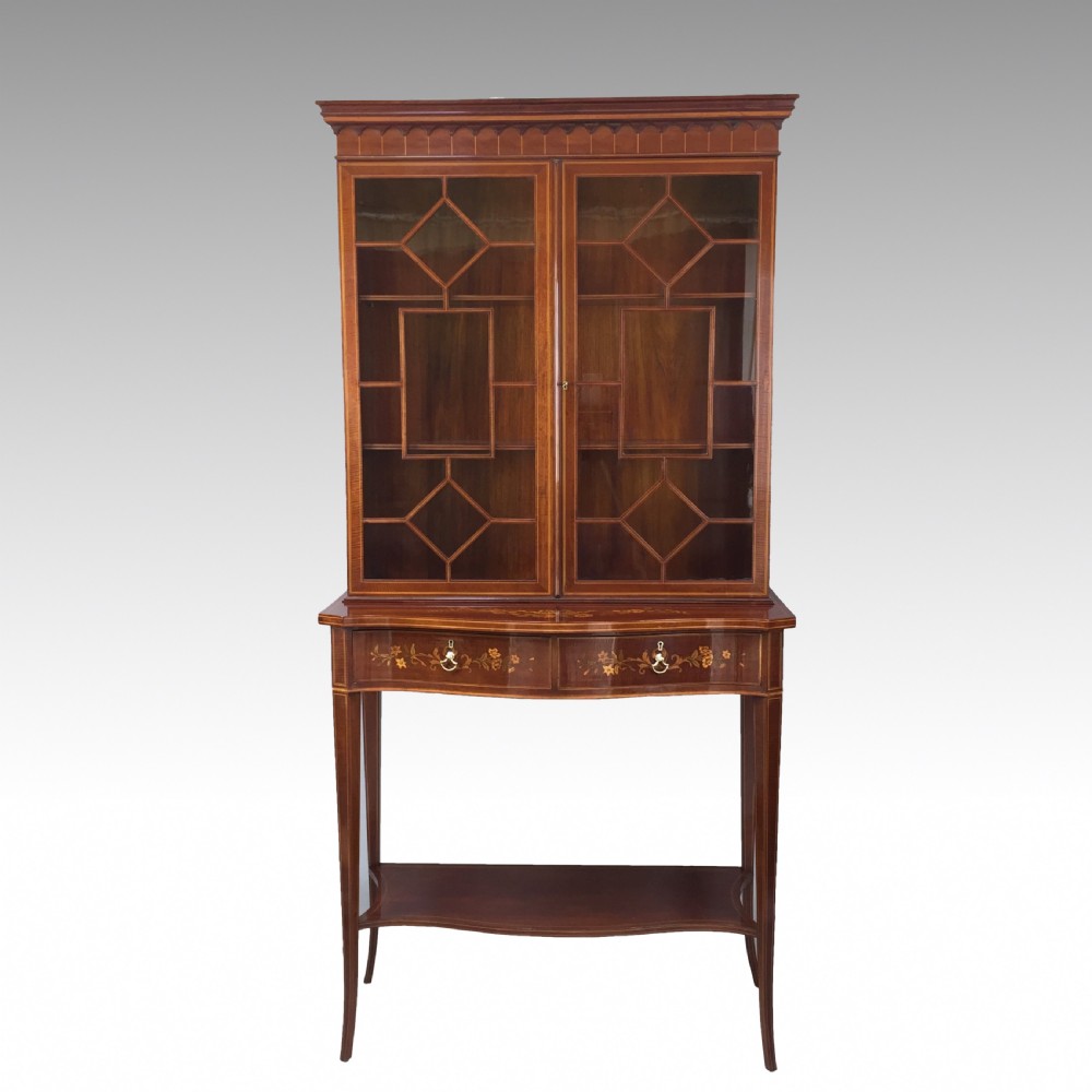 Edwardian Mahogany & Marquetry Inlaid Display Cabinet on Stand