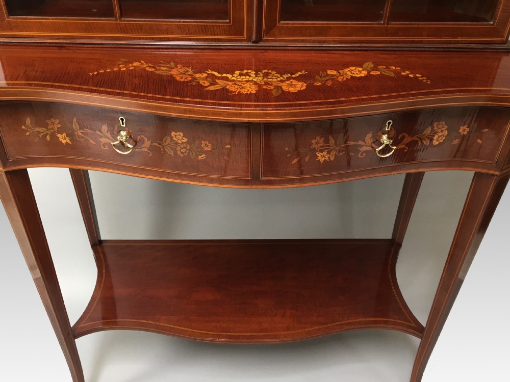 Edwardian Mahogany & Marquetry Inlaid Display Cabinet on Stand View II