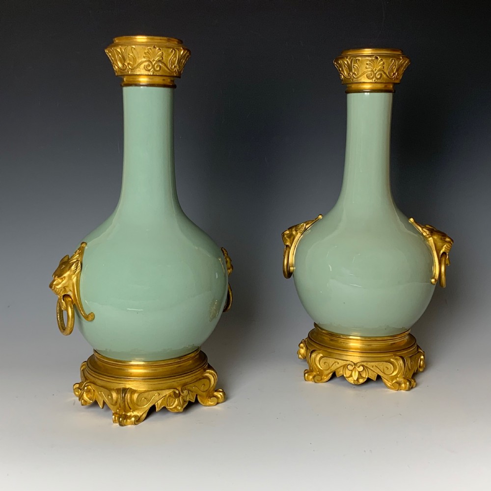 Antique Pair of Chinese Style Celadon Ormolu Mounted Vases