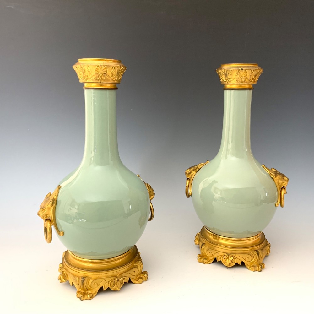 Antique Pair of Chinese Style Celadon Ormolu Mounted Vases View II