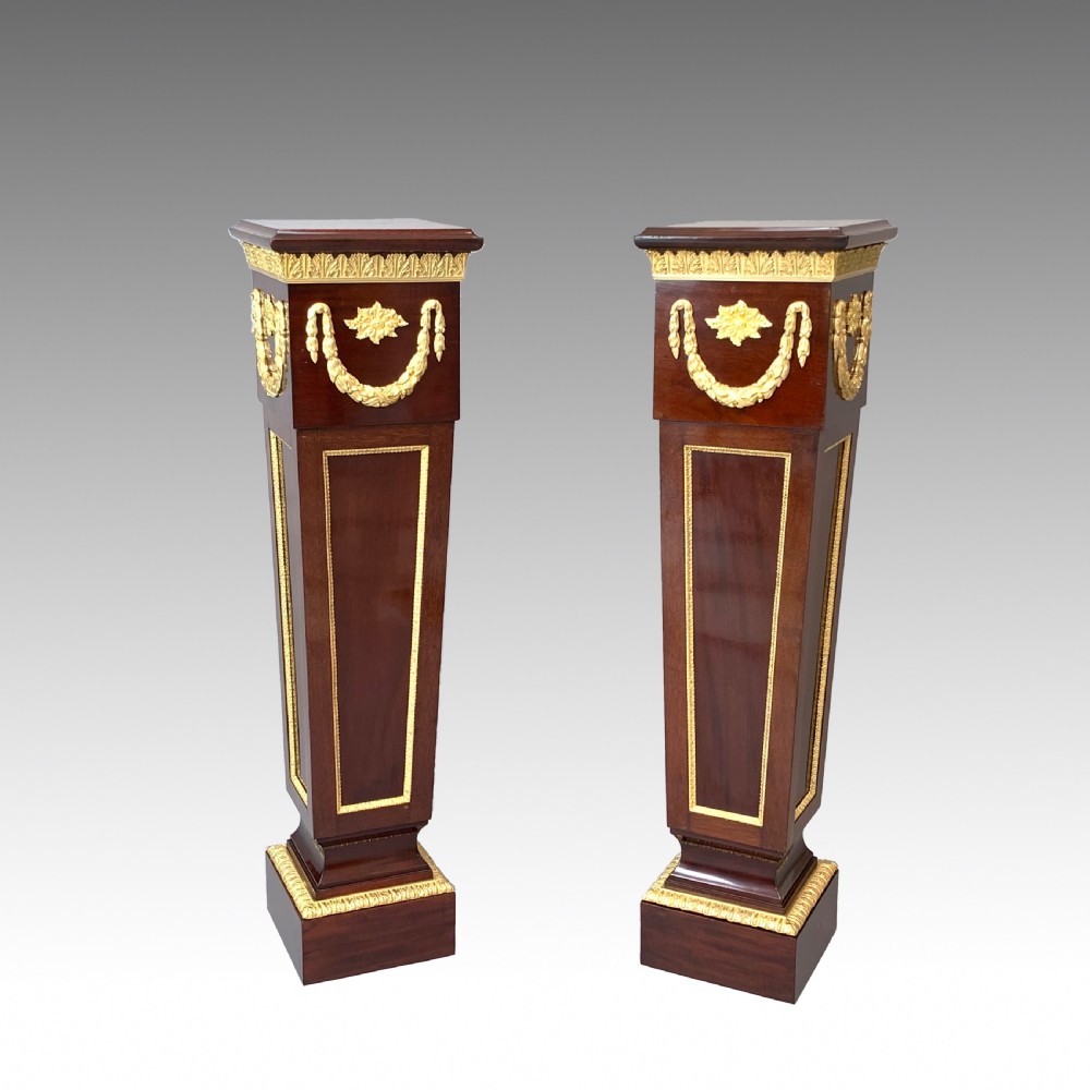 Fine Pair of Victorian Ormolu Mounted Mahogany Pedestals in Louis XVI Style