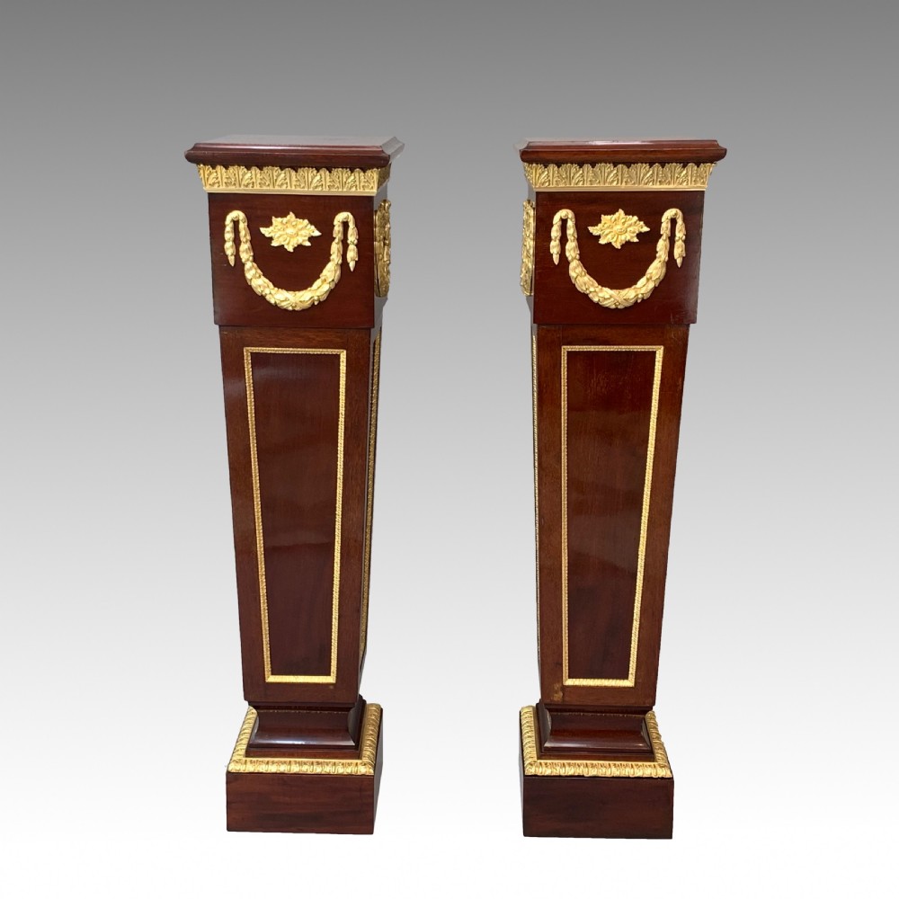 Fine Pair of Victorian Ormolu Mounted Mahogany Pedestals in Louis XVI Style View II