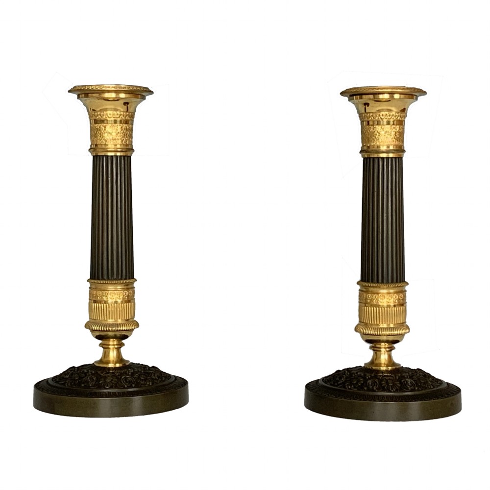 A Pair of French Empire Ormolu & Bronze Candlesticks