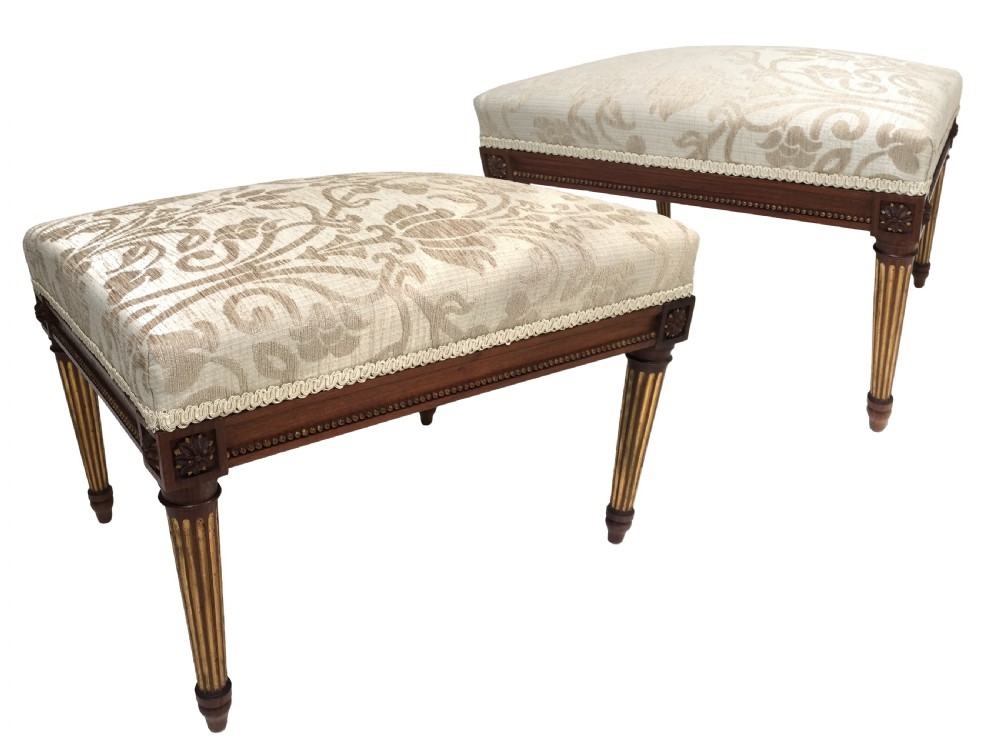 Antique Victorian Pair of Walnut & Parcel Gilt Stools Louis XVI Style