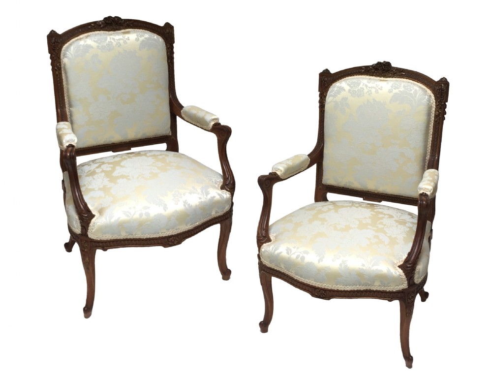 Pair of French Walnut & Parcel Gilt Armchairs Louis XV Style