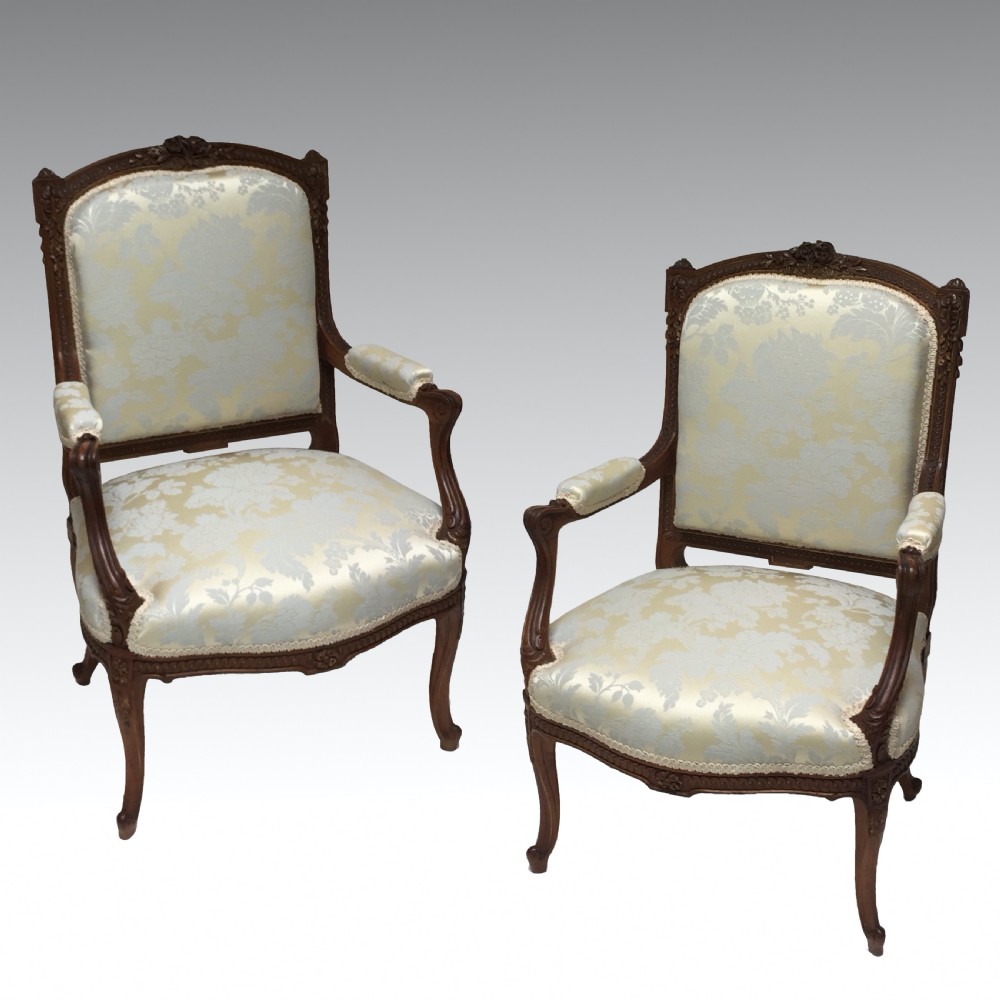 Pair of French Walnut & Parcel Gilt Armchairs Louis XV Style View II