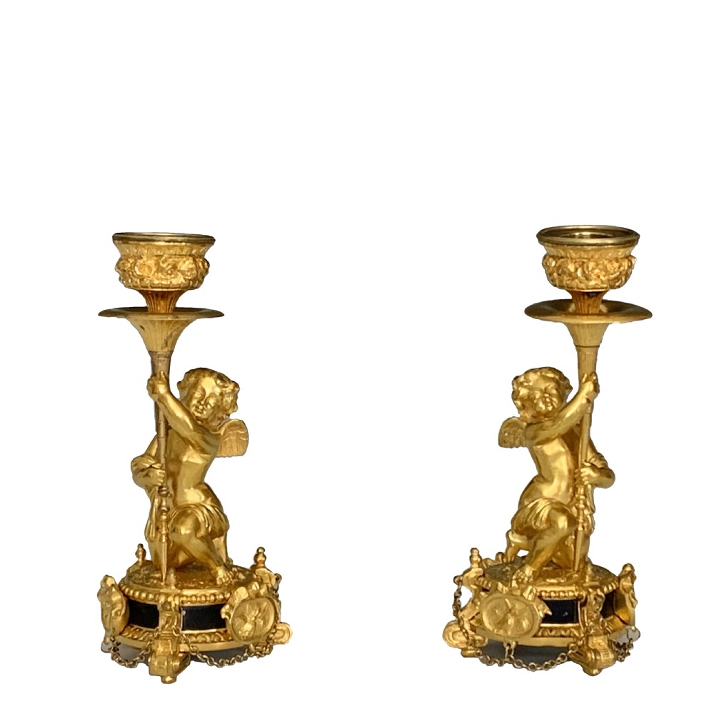 A Pair of Antique Victorian Ormolu Cherub Candlesticks