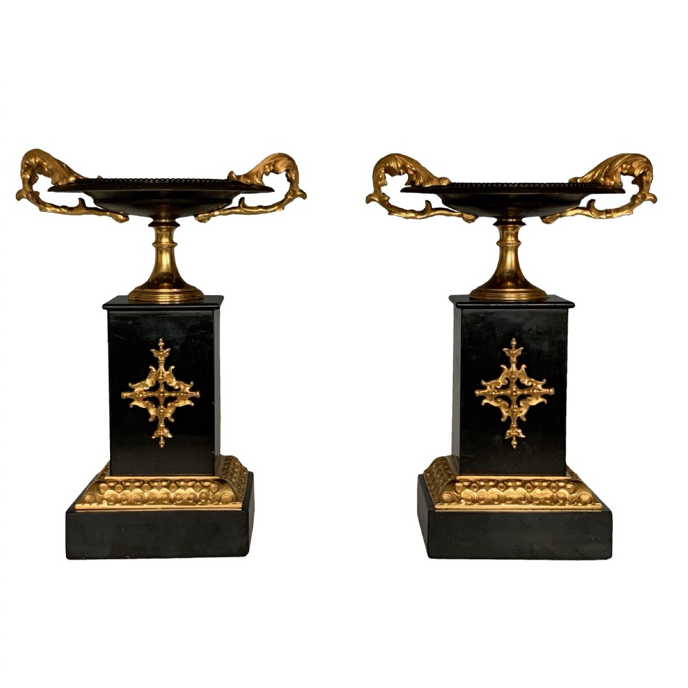 Antique Pair of French Bronze & Marble Tazzas