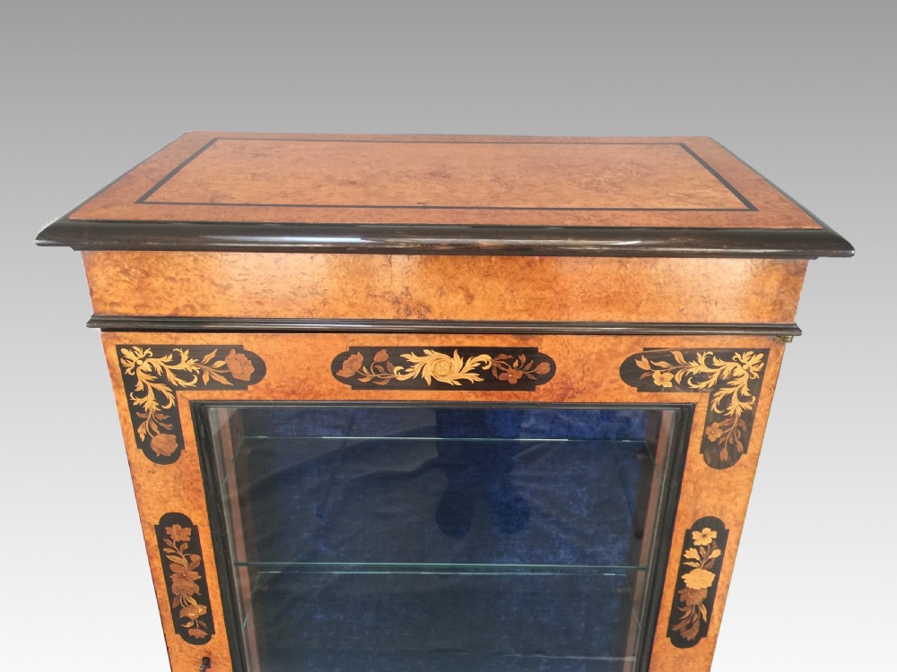 Antique Victorian Amboyna & Marquetry Pier Display Cabinet View II