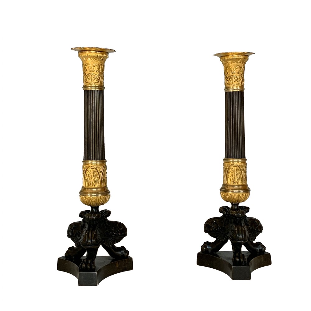 Charles X French Ormolu & Patinated Bronze Candlesticks