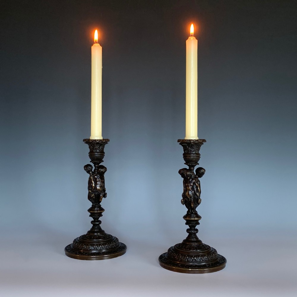 19th century French Pair of Bronze Candlesticks By Henri Picard View III