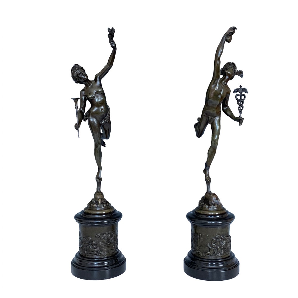 A Pair of Antique French Bronze & Marble Figures 'Mercury & Fortuna'