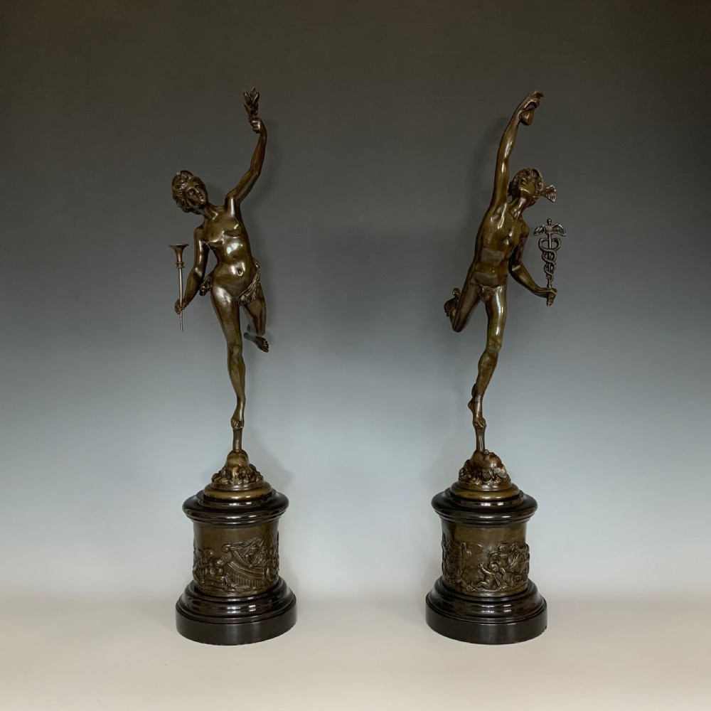 A Pair of Antique French Bronze & Marble Figures 'Mercury & Fortuna' View II