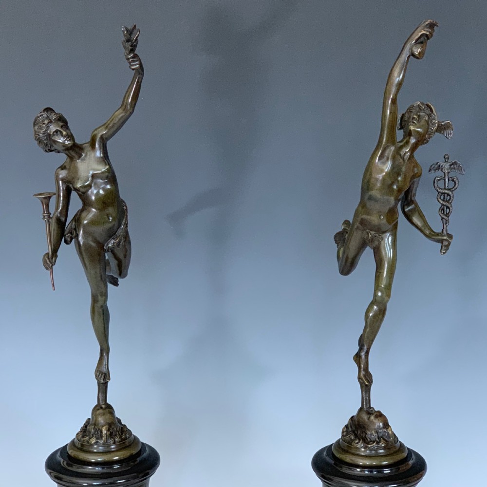 A Pair of Antique French Bronze & Marble Figures 'Mercury & Fortuna' View III