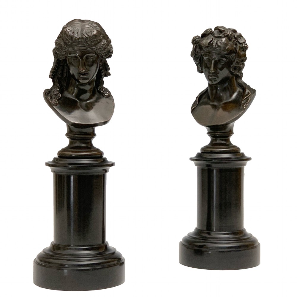 Antique French Grand Tour PaIr Bronze Busts Apollo & Bacchus