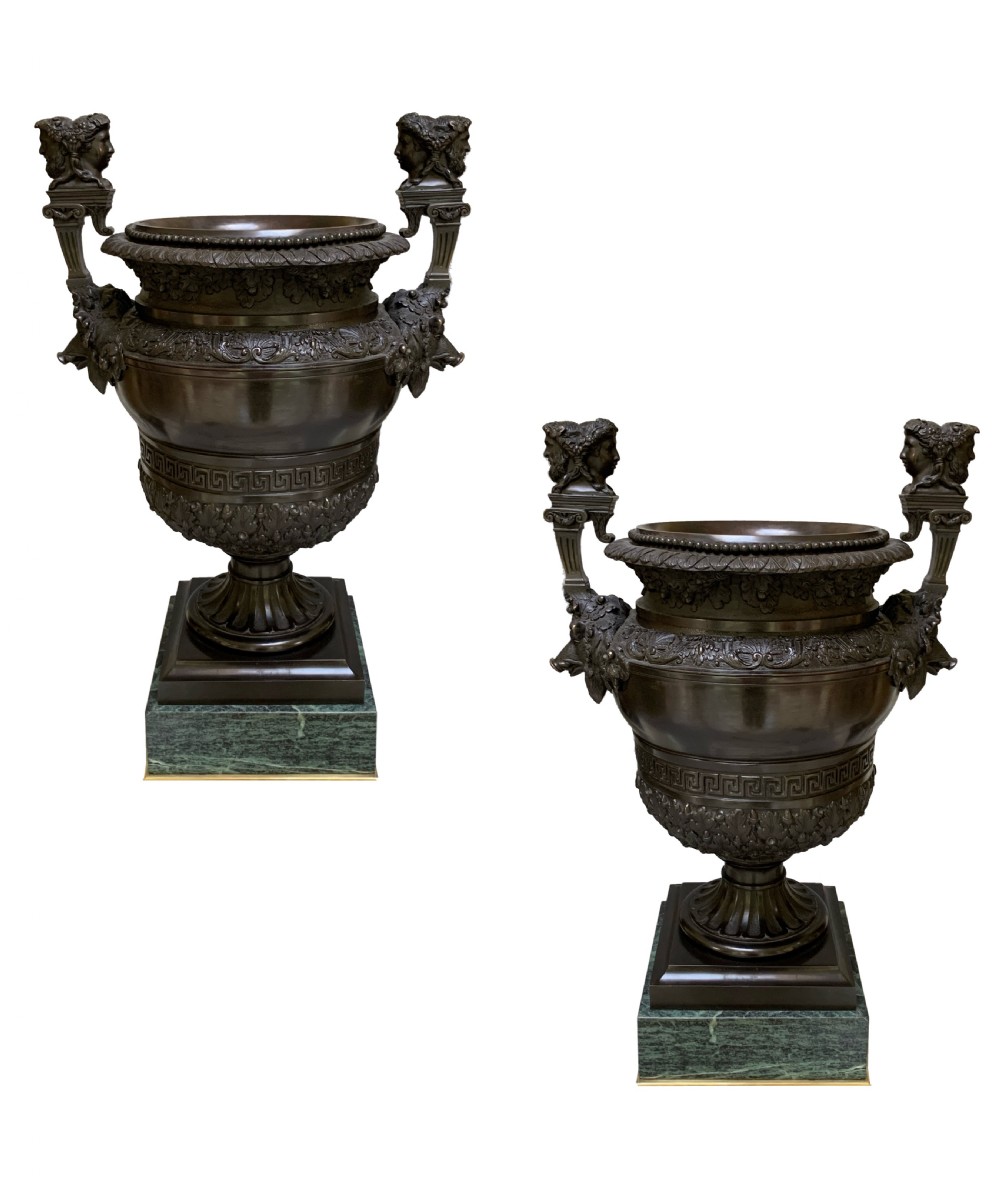 Antique Pair of Bronze Urns after Claude Ballin