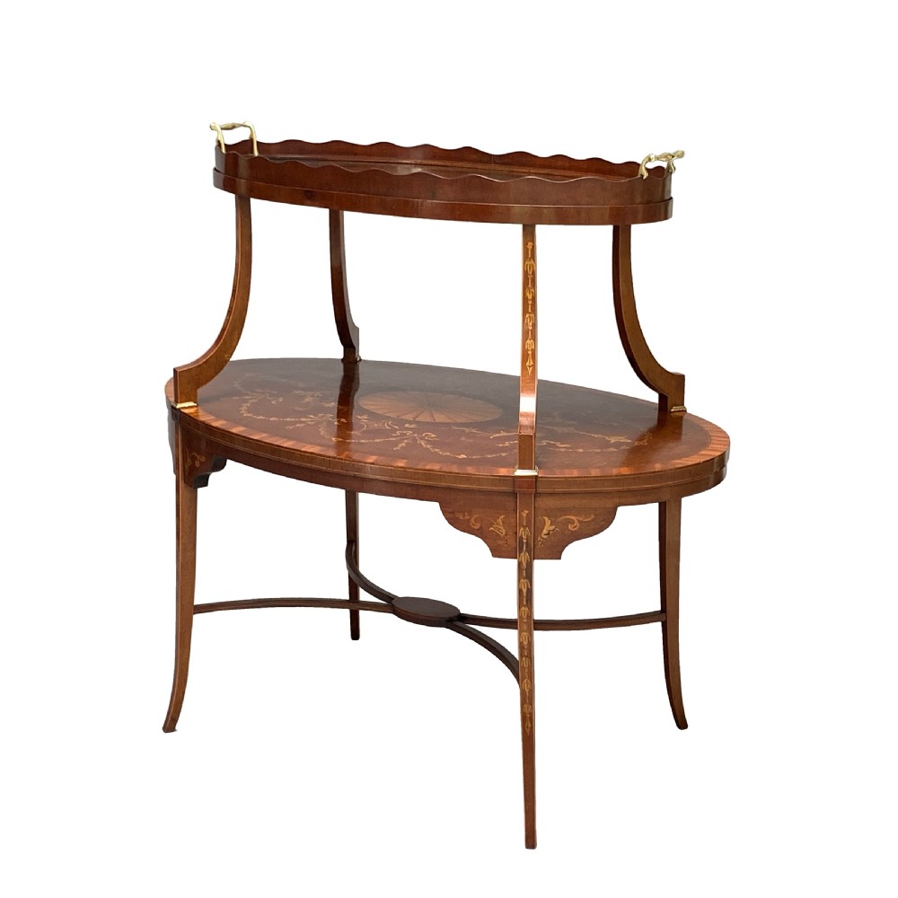 Antique Mahogany & Marquetry Victorian Etagere Tea Table
