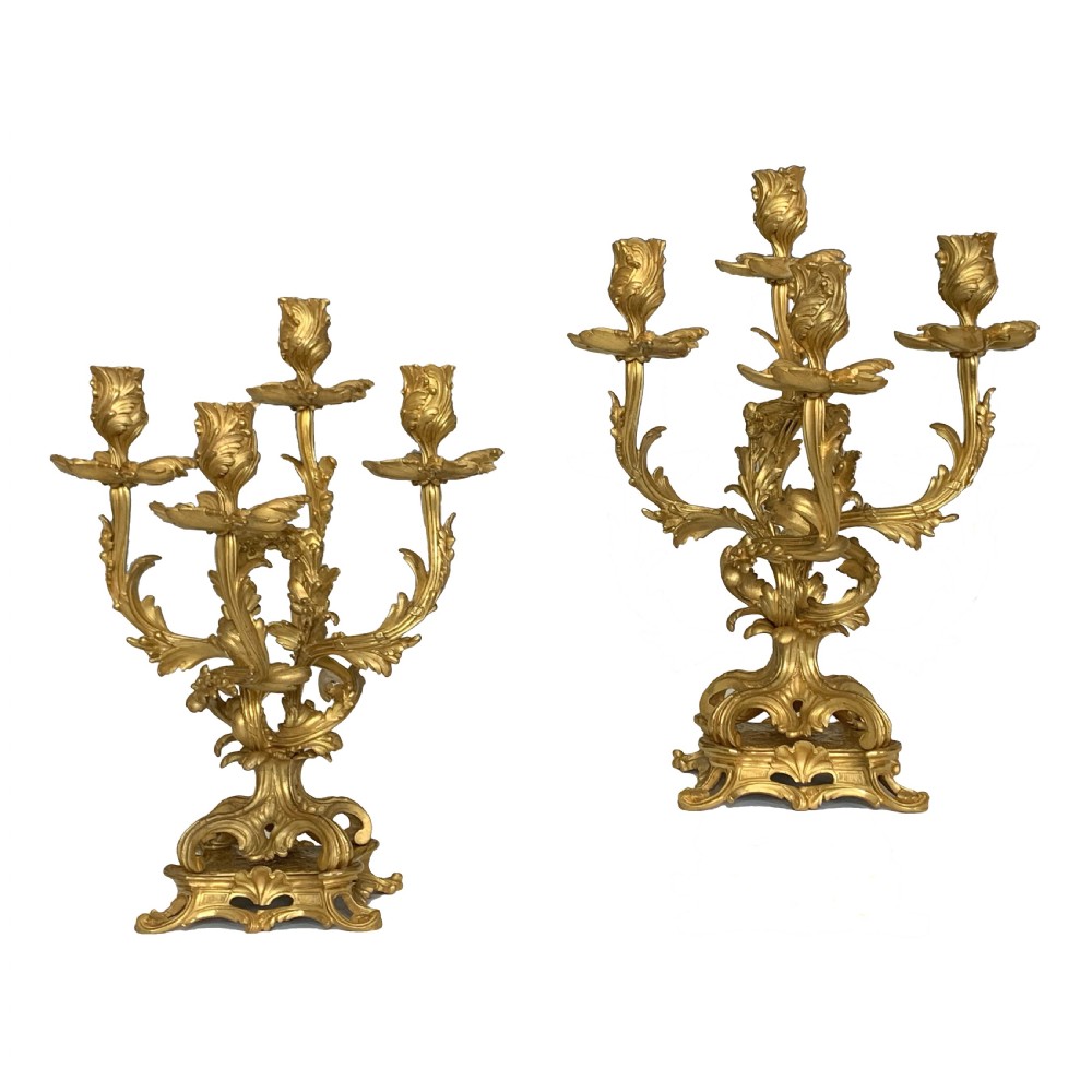 Antique Pair of French Louis XV Style Ormolu Candelabra