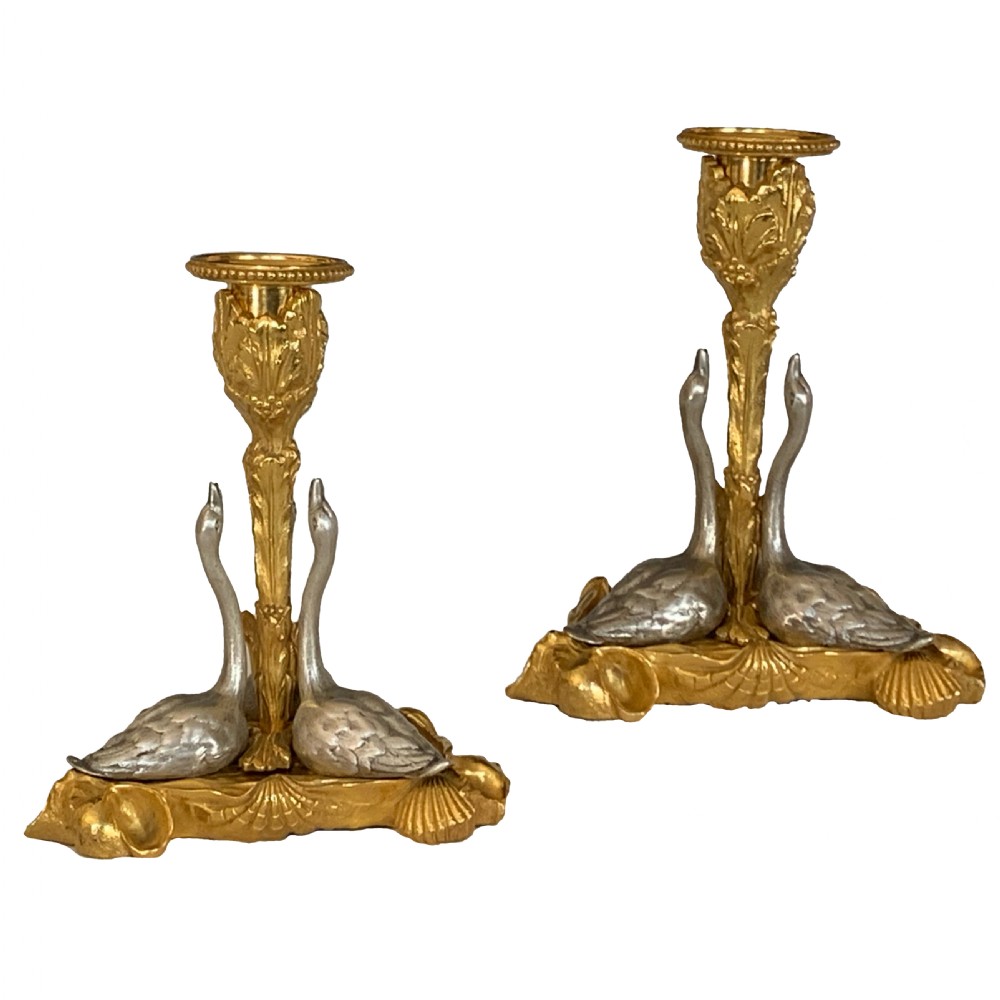 Pair of William IV Ormolu Swan Candlesticks