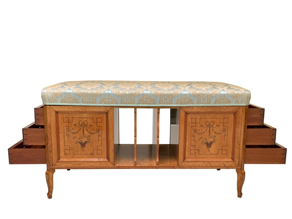 Antique Victorian Satinwood Marquetry Duet Seat View II