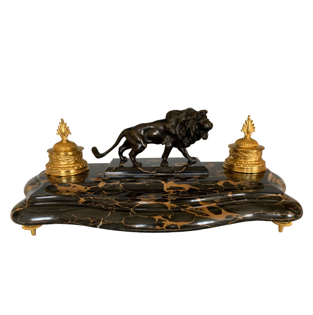 French Ormolu Marble & Patinated Bronze Ink Well Encrier