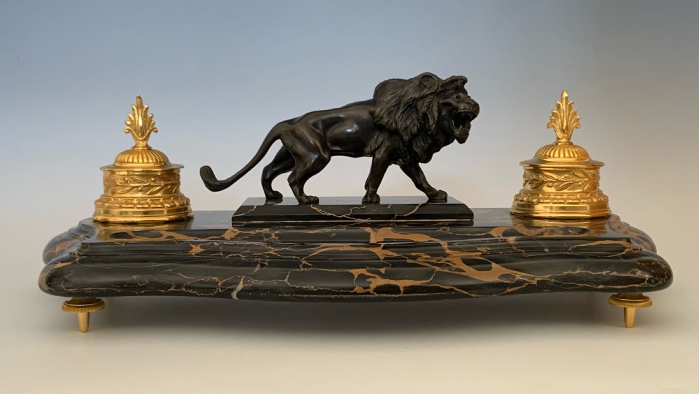 French Ormolu Marble & Patinated Bronze Ink Well Encrier View III