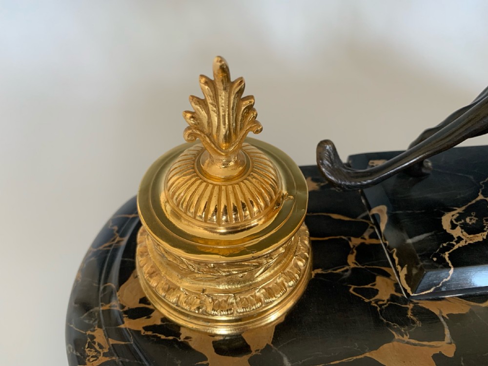 French Ormolu Marble & Patinated Bronze Ink Well Encrier View IV
