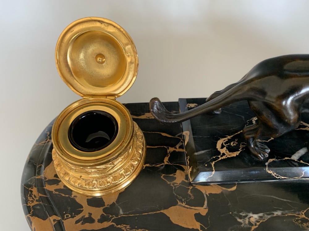 French Ormolu Marble & Patinated Bronze Ink Well Encrier View V