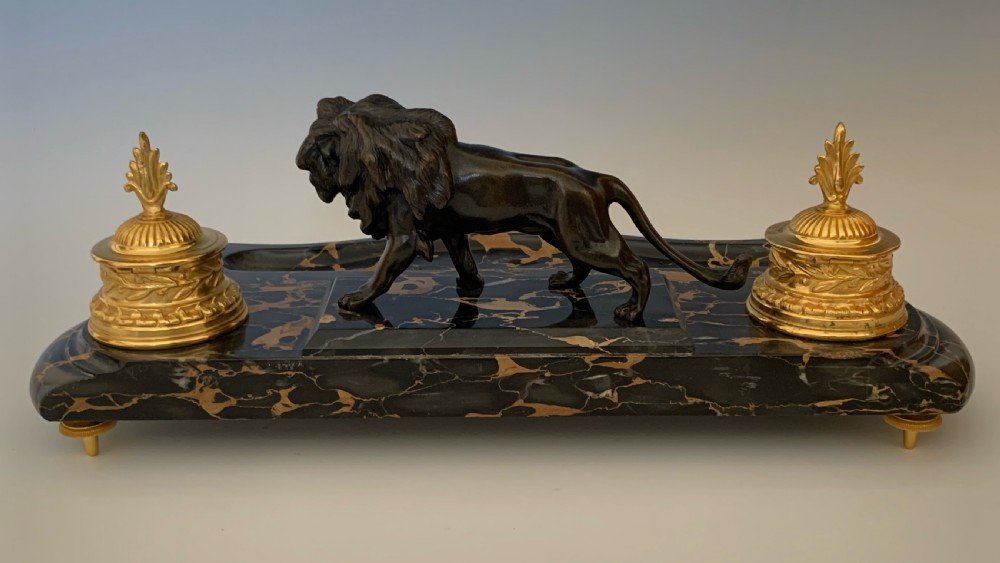 French Ormolu Marble & Patinated Bronze Ink Well Encrier View VI