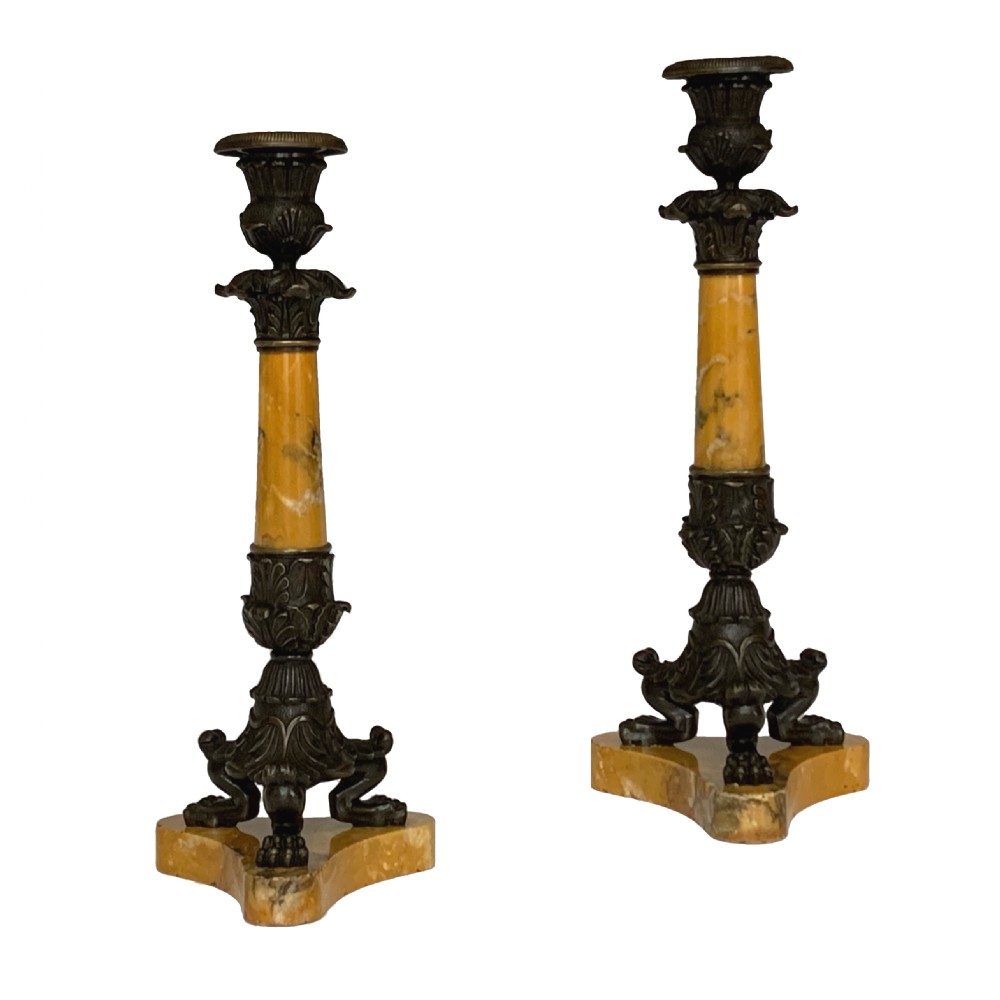 Pair of Charles X Sienna Marble & Bronze Candlesticks