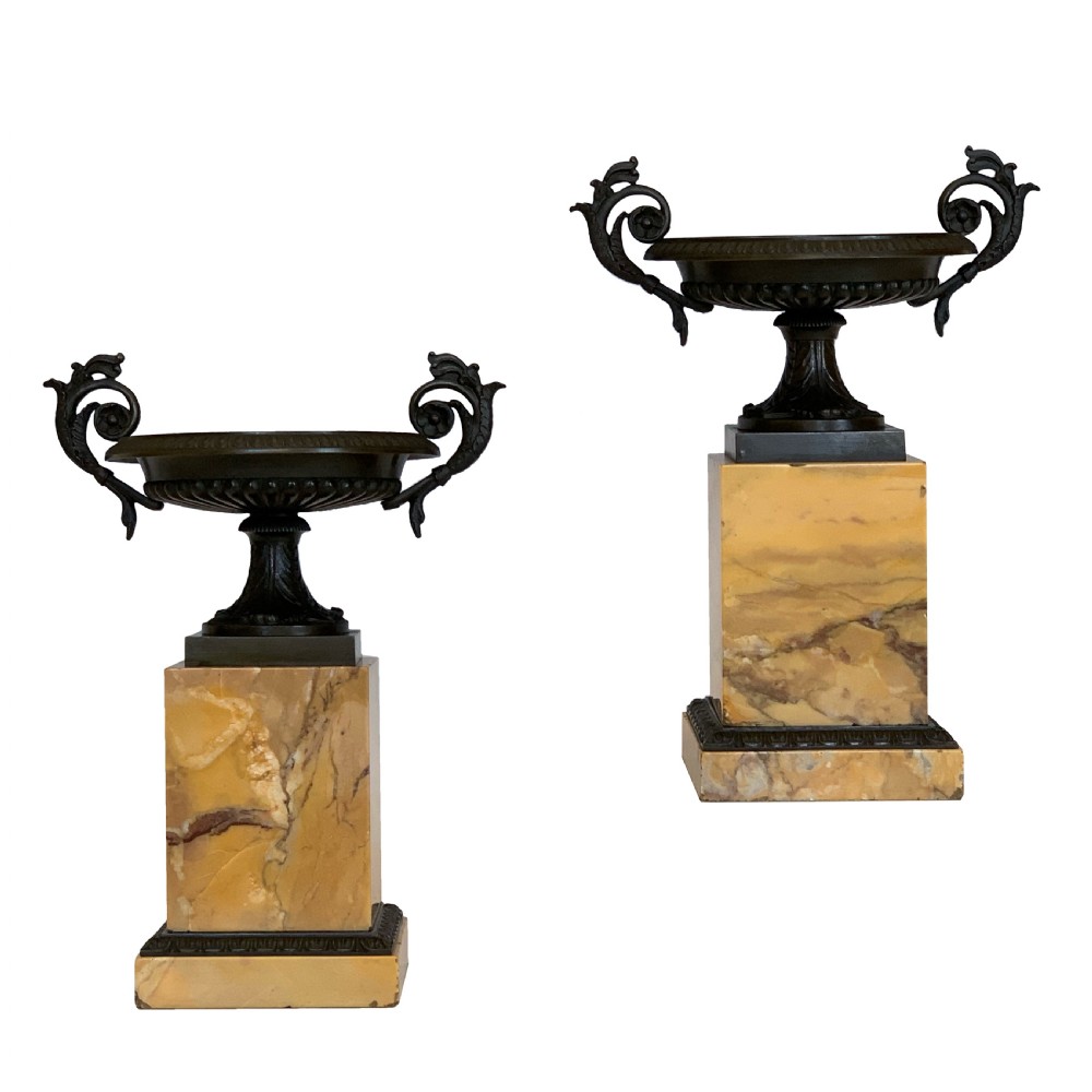 Antique Pair of French Bronze & Marble Tazzas