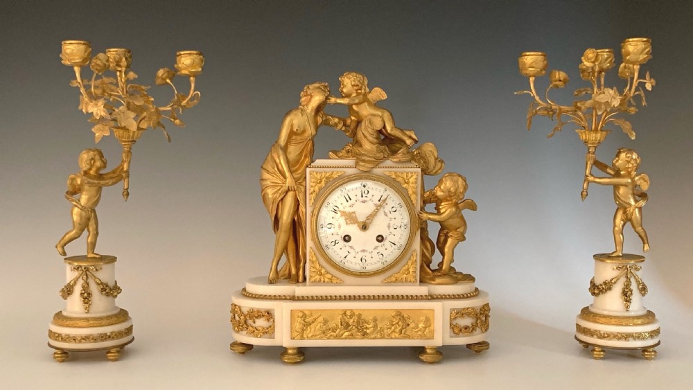 French Louis XVI Style Ormolu Clock Garniture