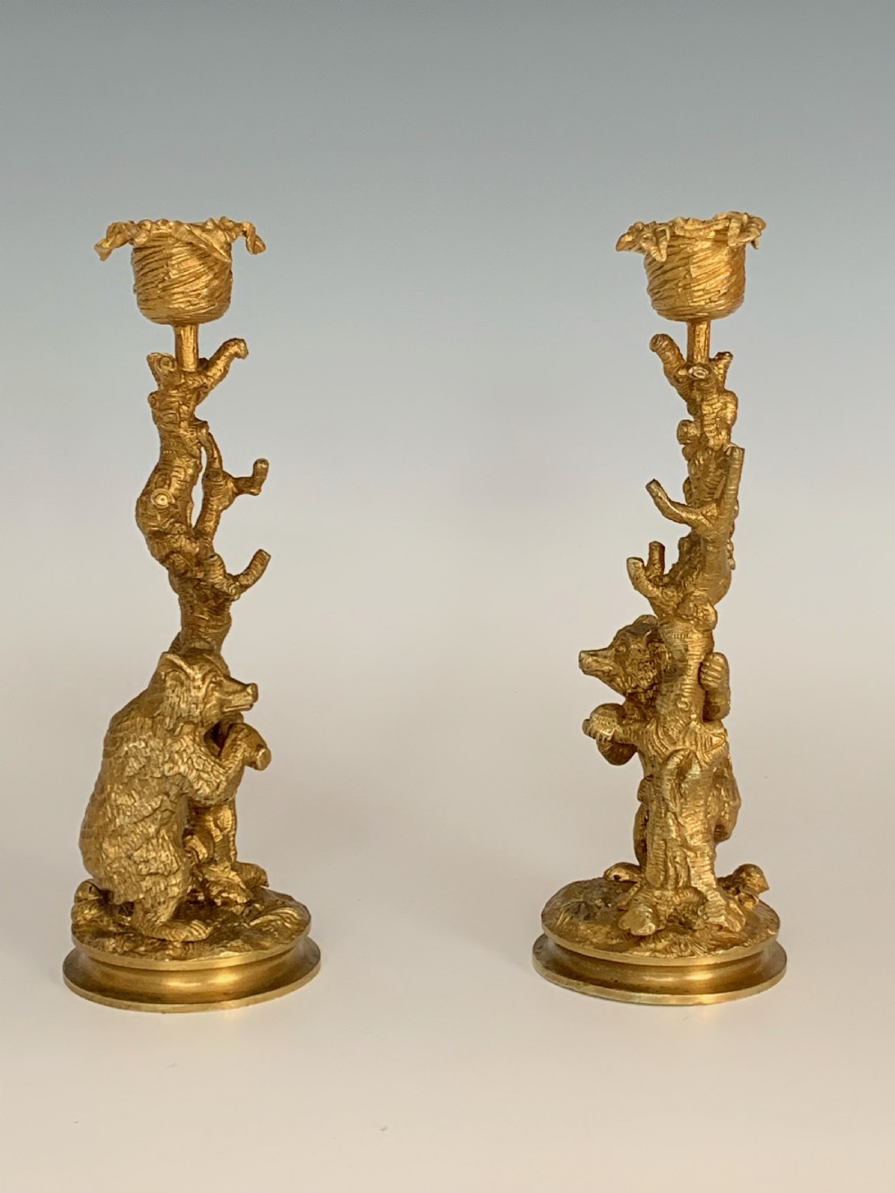 Pair of  19th century Continental Ormolu Bear Candlesticks View II