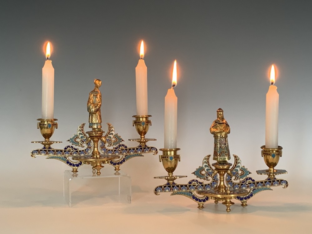 Antique Pair of French Gilt Bronze & Champleve Candlesticks View IV