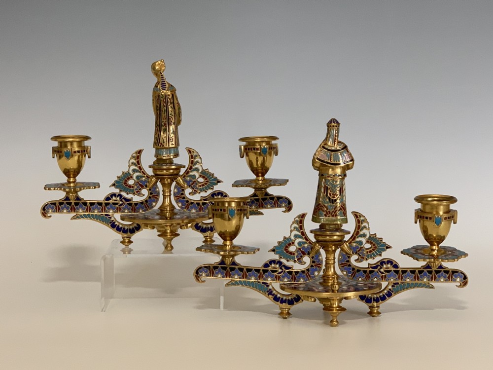 Antique Pair of French Gilt Bronze & Champleve Candlesticks View V