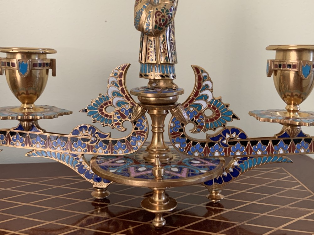 Antique Pair of French Gilt Bronze & Champleve Candlesticks View VI