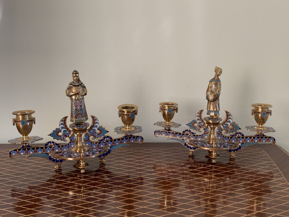 Antique Pair of French Gilt Bronze & Champleve Candlesticks View VII