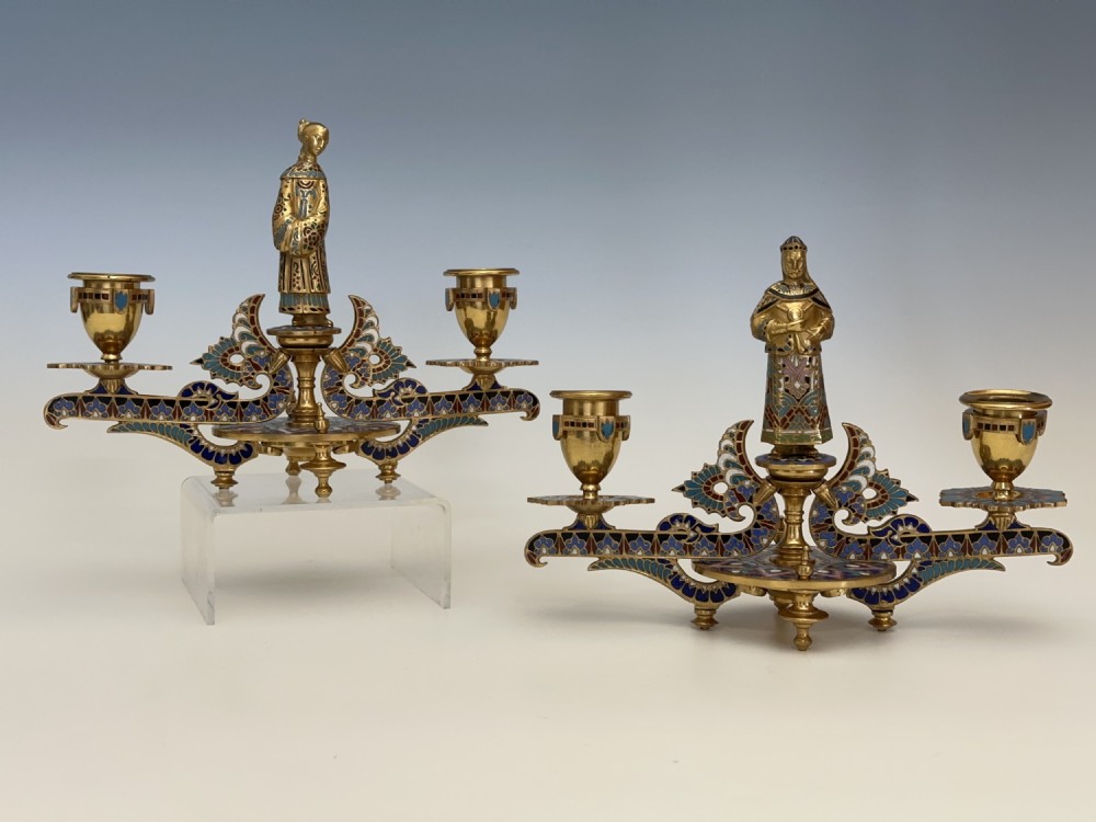 Antique Pair of French Gilt Bronze & Champleve Candlesticks