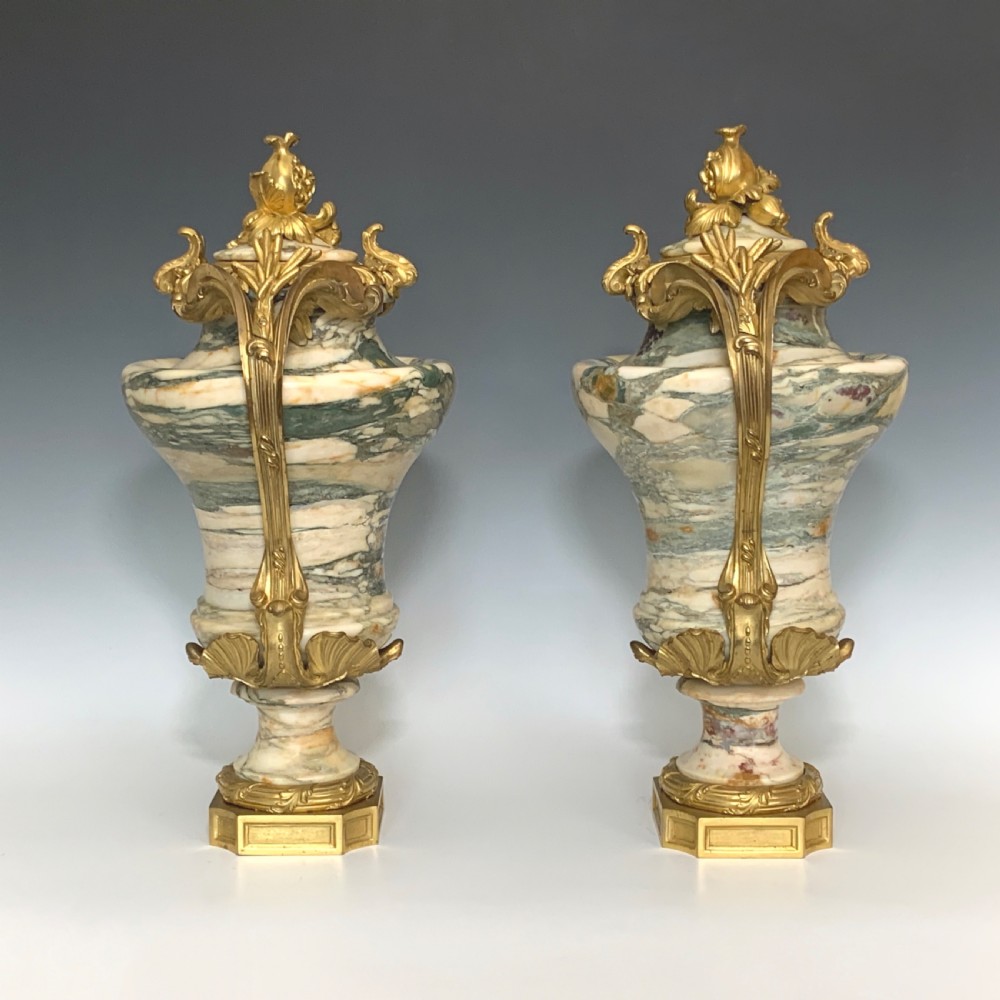 Fine Pair Louis XV Style 19th Century Marble & Gilt Bronze Mounted Urns View II