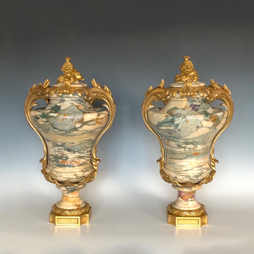 Fine Pair Louis XV Style 19th Century Marble & Gilt Bronze Mounted Urns