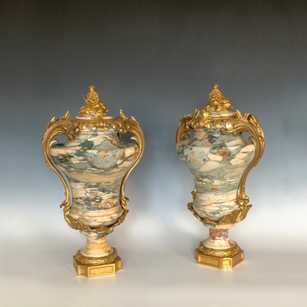 Fine Pair Louis XV Style 19th Century Marble & Gilt Bronze Mounted Urns View V