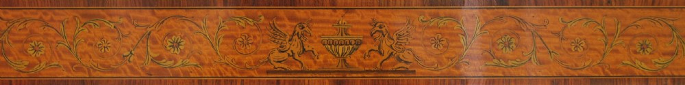 A late Victorian satinwood display cabinet featuring three glazed doors, floral marquetry inlays, glass shelves, and a patterned fabric interior. View IV