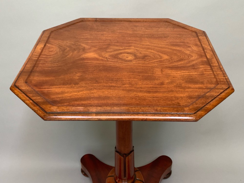 An antique Victorian mahogany side table featuring an octagonal top on a turned central pedestal with a quadruped base. View V